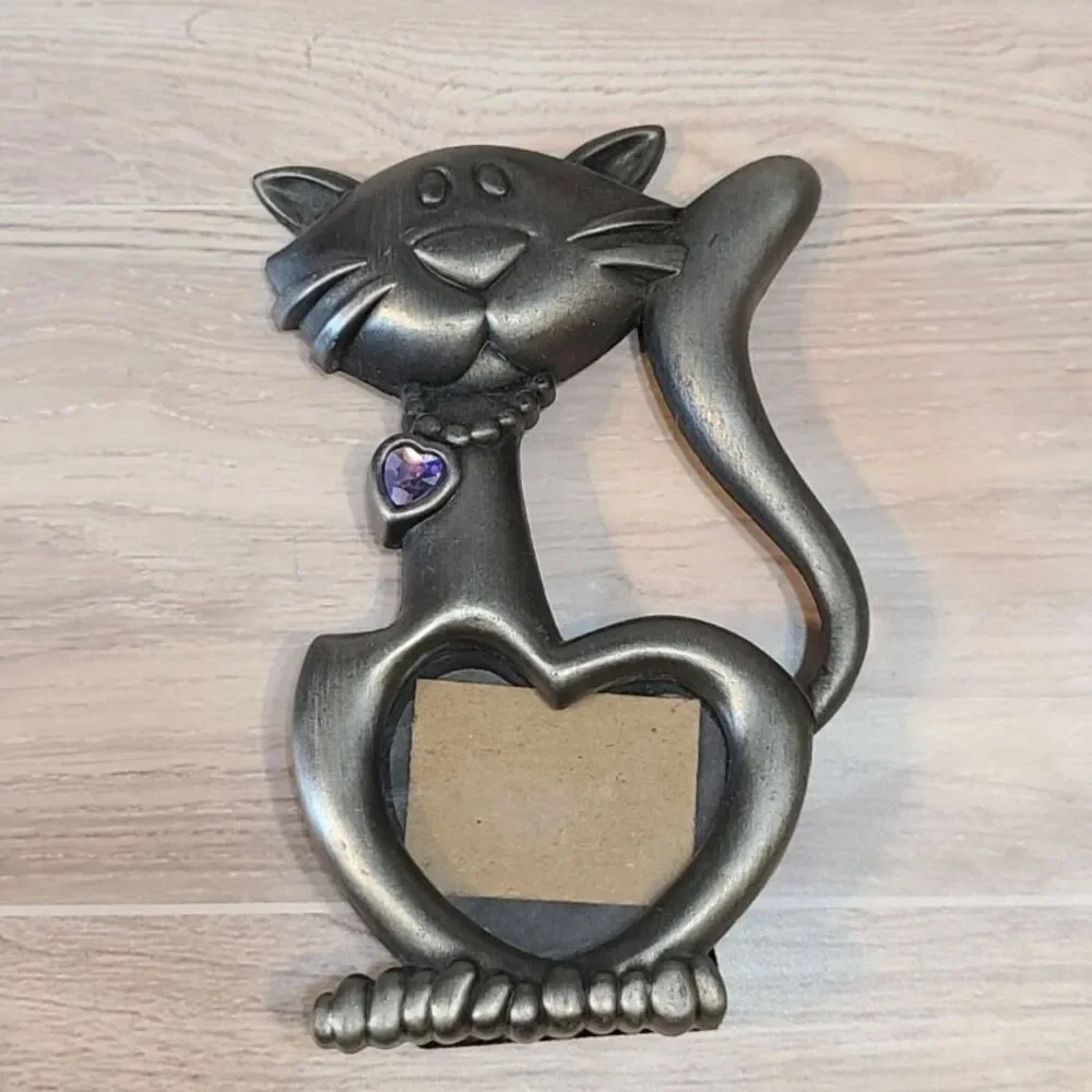 Metal Cat Picture Frame Silver Pewter Holder Purple Heart Accent Pet Decor Gift